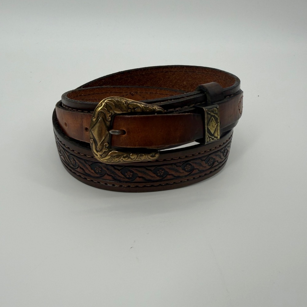 Gary McCoy Handcrafted Leather Belt Brown Floral Tooled Western Size 30 Brass